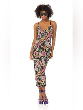 AFRM Floral Slip Midi Dress in Black with Pink, Green, Purple, Orange Accents